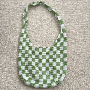 Green and White Checkered Crochet Shoulder Bag